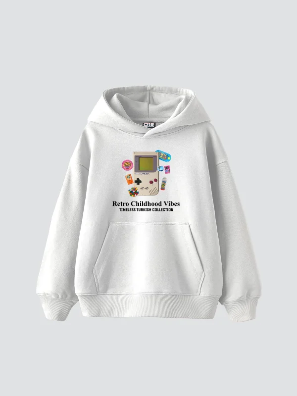 Retro Childhood Vibes Baskılı Oversize Unisex Beyaz Hoodie