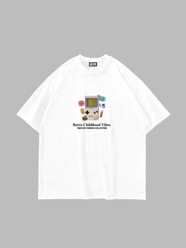 Retro Childhood Vibes Baskılı Oversize Unisex Beyaz Tshirt