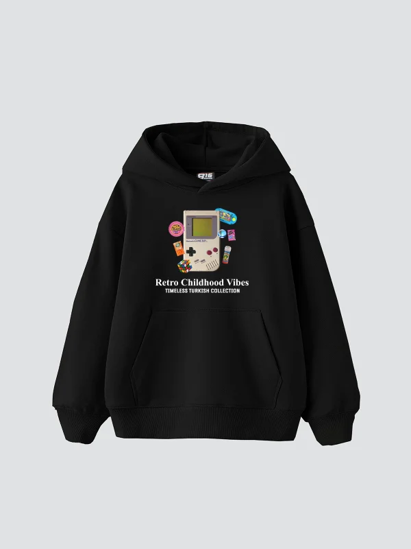 Retro Childhood Vibes Baskılı Oversize Unisex Siyah Hoodie
