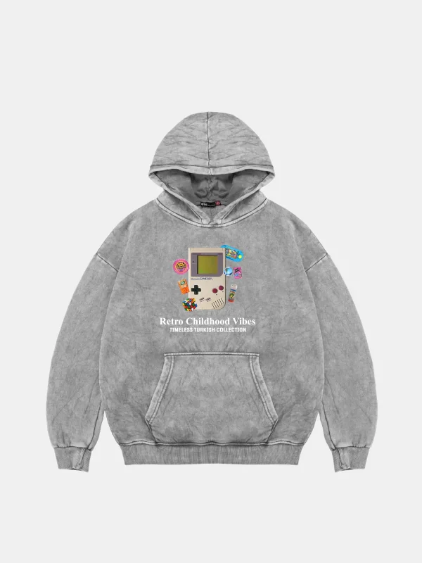 Retro Childhood Vibes Oversize Unisex Yıkamalı Beyaz Hoodie