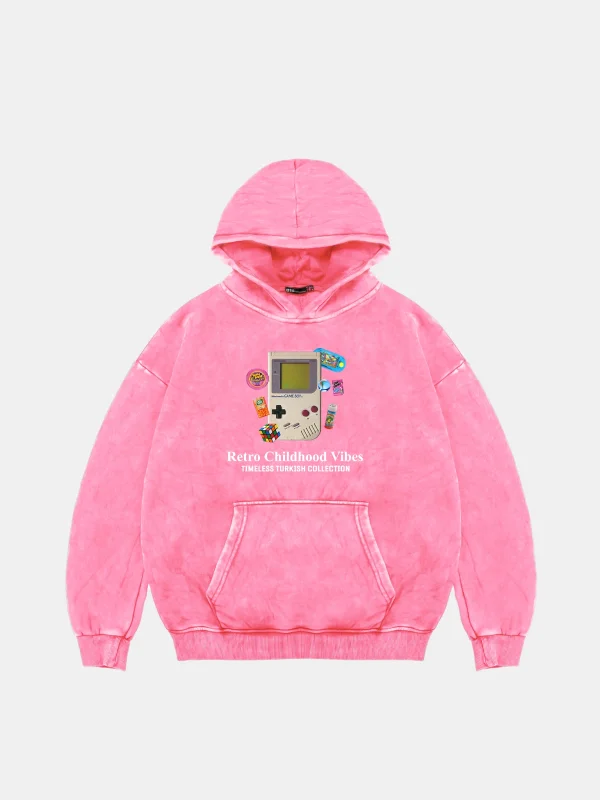 Retro Childhood Vibes Oversize Unisex Yıkamalı Pembe Hoodie
