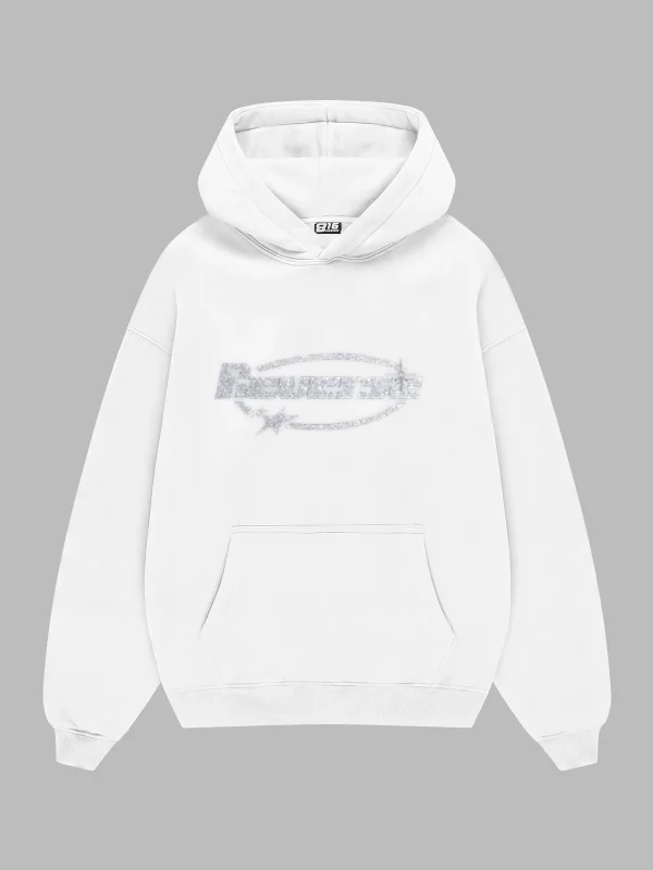 Reverse Taş Baskılı Oversize Unisex Beyaz Hoodie
