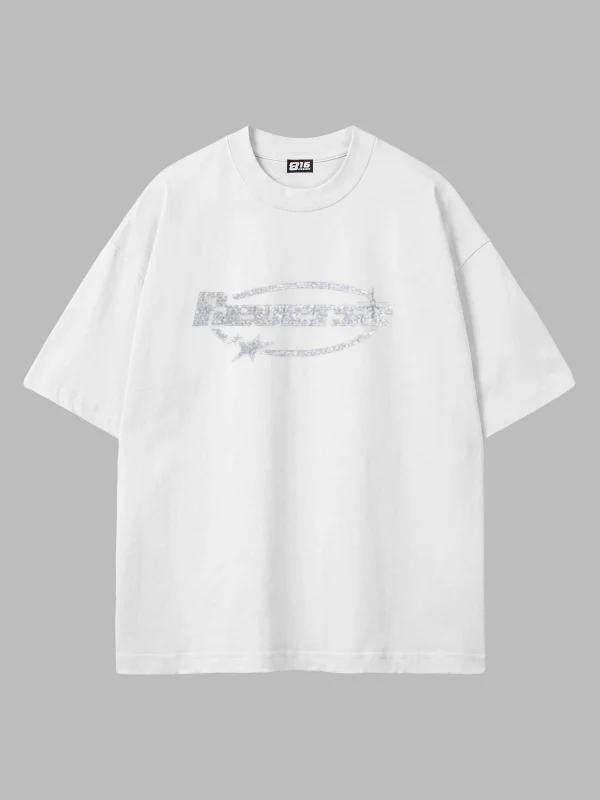 Reverse Taş Baskılı Oversize Unisex Beyaz Tshirt