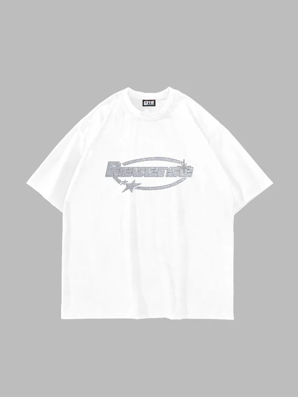 Reverse Taş Baskılı Oversize Unisex Beyaz Tshirt