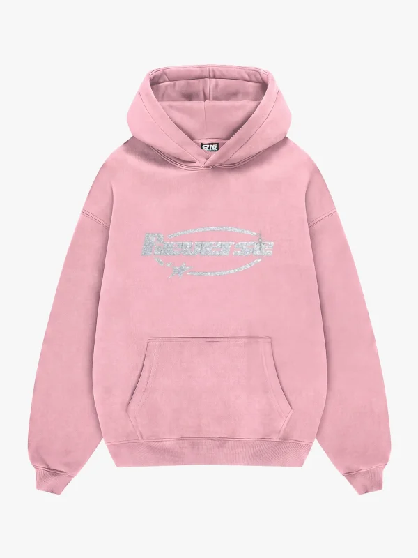 Reverse Taş Baskılı Oversize Unisex Pembe Hoodie