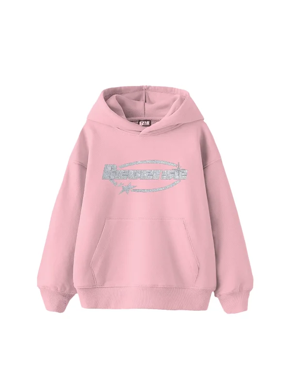 Reverse Taş Baskılı Oversize Unisex Pembe Hoodie