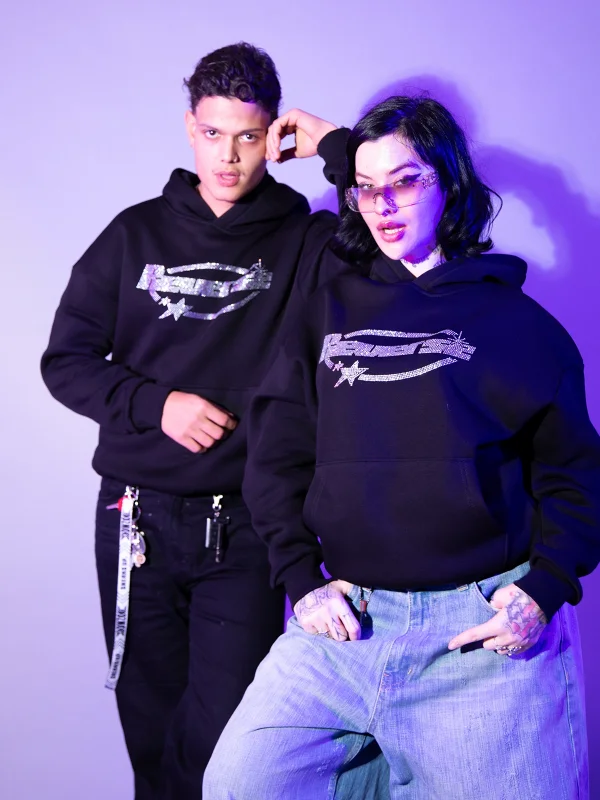 Reverse Taş Baskılı Oversize Unisex Siyah Hoodie