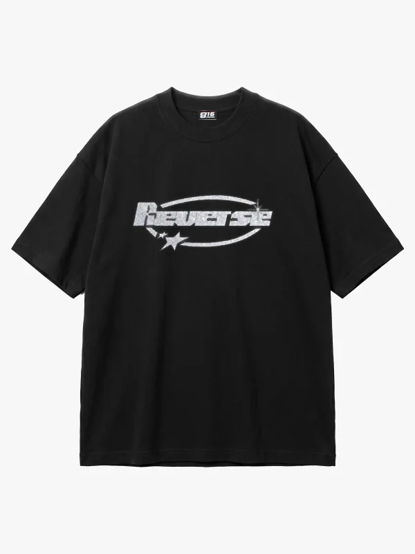 Reverse Taş Baskılı Oversize Unisex Siyah Tshirt