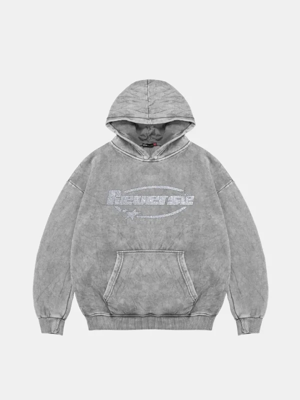 Reverse Taş Baskılı Oversize Unisex Yıkamalı Beyaz Hoodie