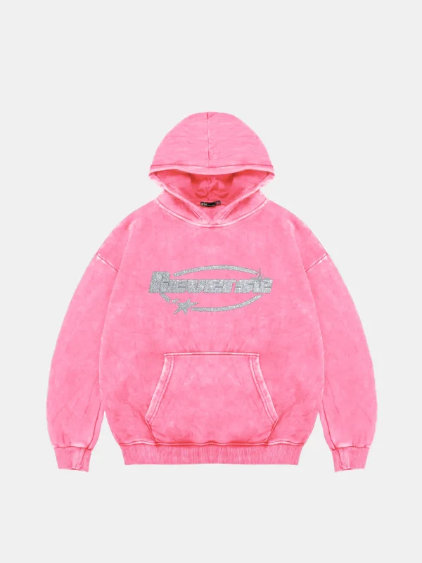 Reverse Taş Baskılı Oversize Unisex Yıkamalı Pembe Hoodie