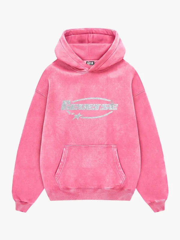 Reverse Taş Baskılı Oversize Unisex Yıkamalı Pembe Hoodie