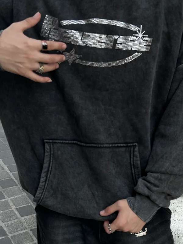 Reverse Taş Baskılı Oversize Unisex Yıkamalı Siyah Hoodie