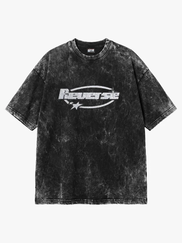Reverse Taş Baskılı Oversize Unisex Yıkamalı Siyah Tshirt