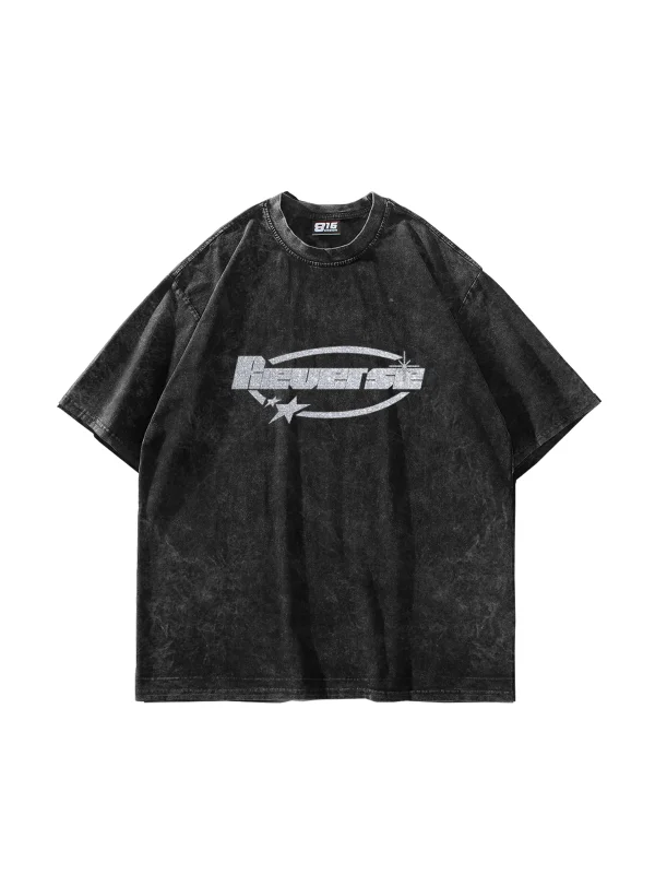 Reverse Taş Baskılı Oversize Unisex Yıkamalı Siyah Tshirt
