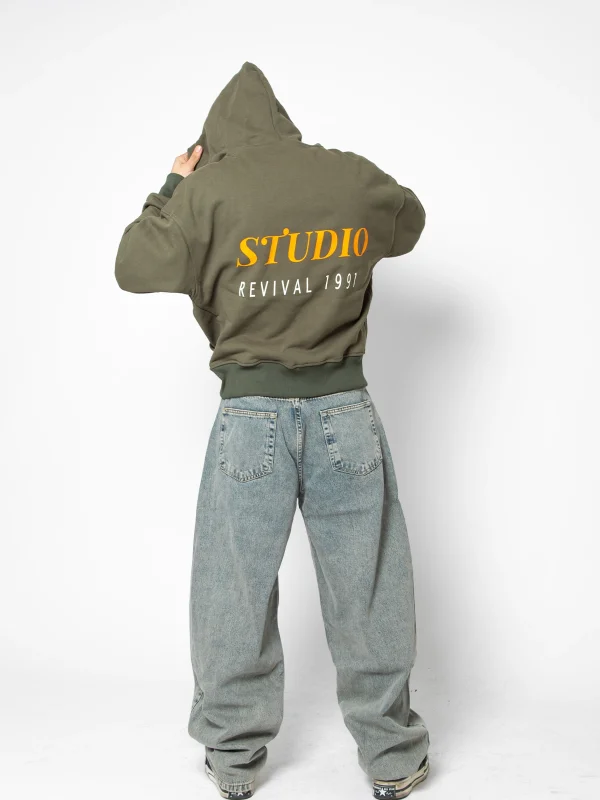 Revival Studio Baskılı Oversize Unisex Haki Fermuarlı Sweatshirt