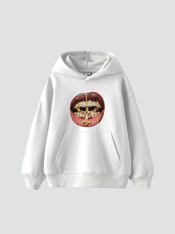 Rhinestone Teeth Baskılı Oversize Unisex Beyaz Hoodie