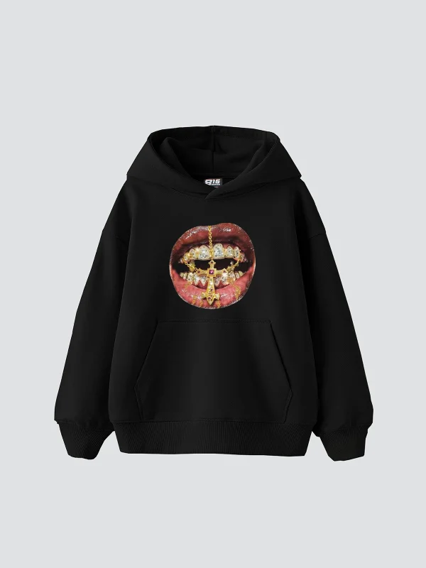 Rhinestone Teeth Baskılı Oversize Unisex Siyah Hoodie