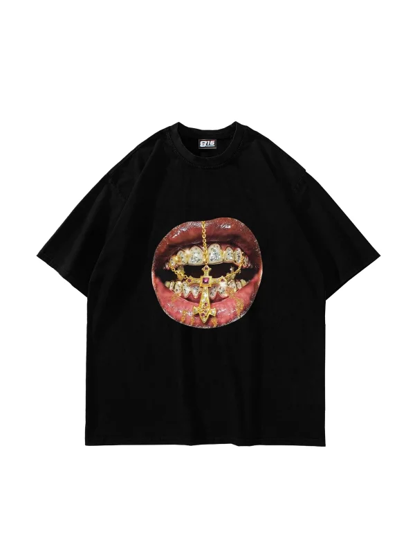 Rhinestone Teeth Baskılı Oversize Unisex Siyah Tshirt
