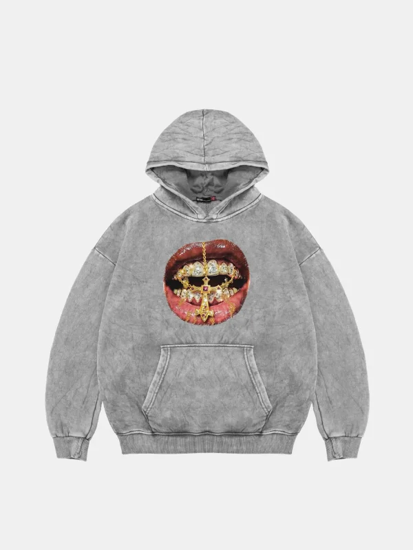 Rhinestone Teeth Baskılı Oversize Unisex Yıkamalı Beyaz Hoodie