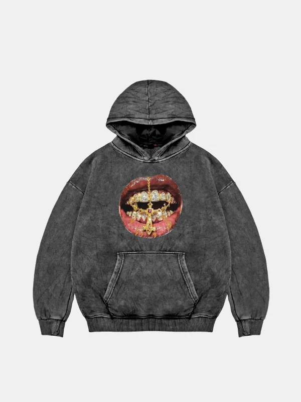 Rhinestone Teeth Baskılı Oversize Unisex Yıkamalı Siyah Hoodie