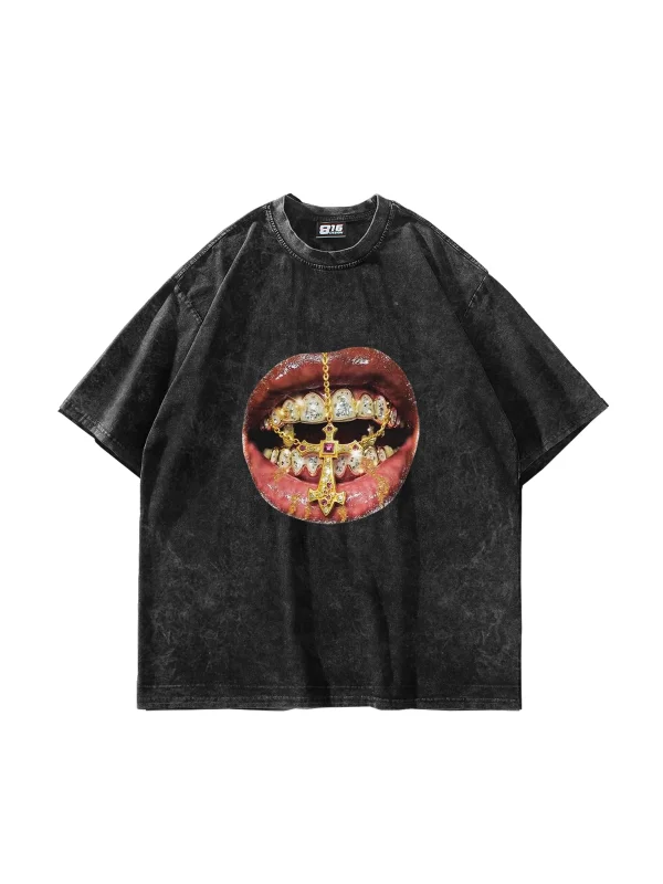 Rhinestone Teeth Baskılı Oversize Unisex Yıkamalı Siyah Tshirt