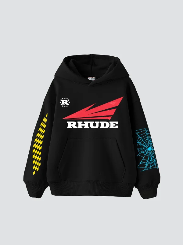 Rhude Baskılı Oversize Unisex Siyah Hoodie