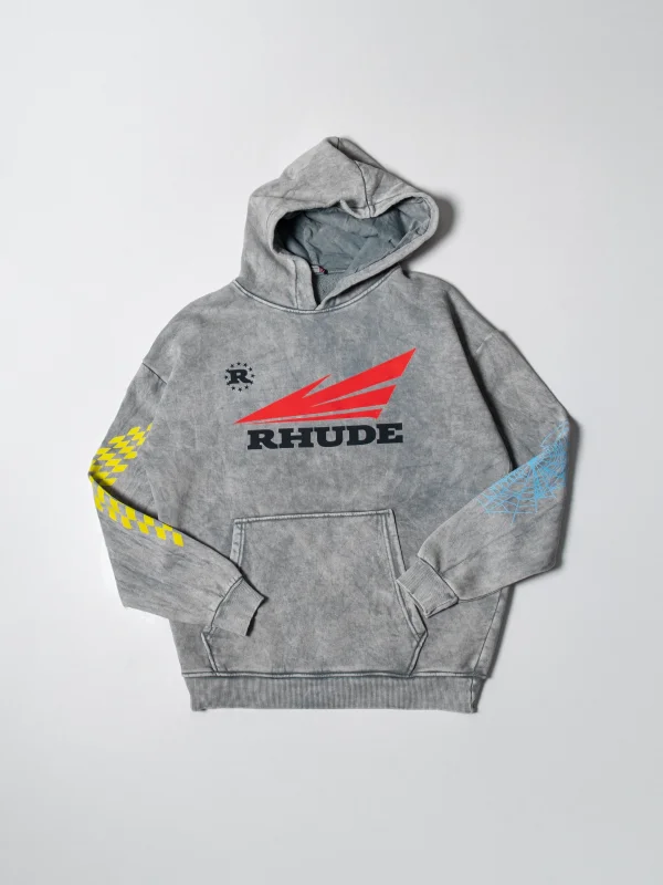 Rhude Baskılı Oversize Unisex Yıkamalı Beyaz Hoodie