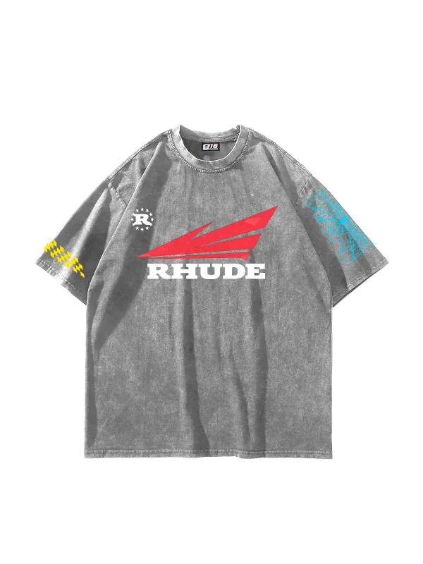 Rhude Baskılı Oversize Unisex Yıkamalı Beyaz Tshirt