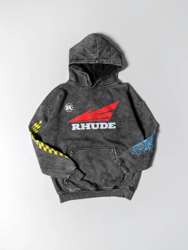 Rhude Baskılı Oversize Unisex Yıkamalı Siyah Hoodie