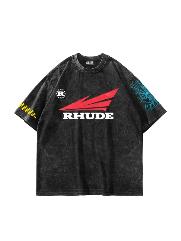 Rhude Baskılı Oversize Unisex Yıkamalı Siyah Tshirt