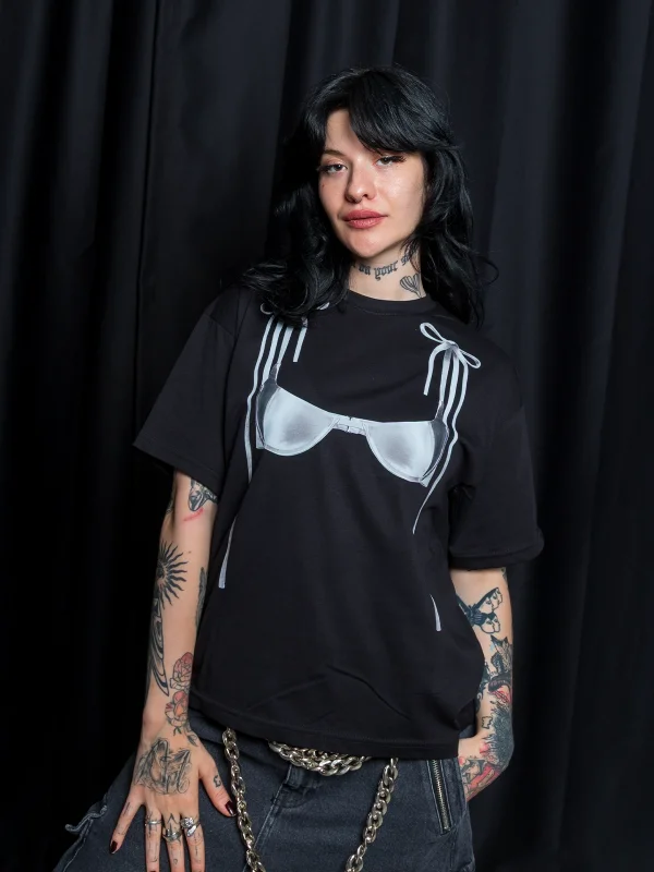 Ribbon Bikini Baskılı Relaxed Fit Siyah Kadın Tshirt