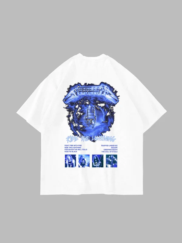 Ride The Lightning Baskılı Oversize Unisex Beyaz Tshirt