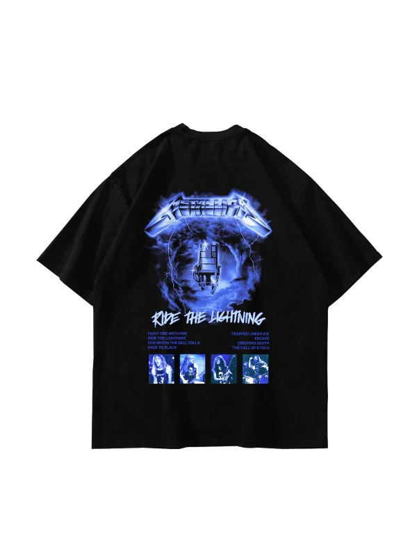 Ride The Lightning Baskılı Oversize Unisex Siyah Tshirt