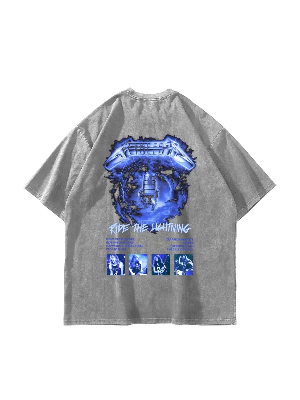 Ride The Lightning Baskılı Oversize Unisex Yıkamalı Beyaz Tshirt