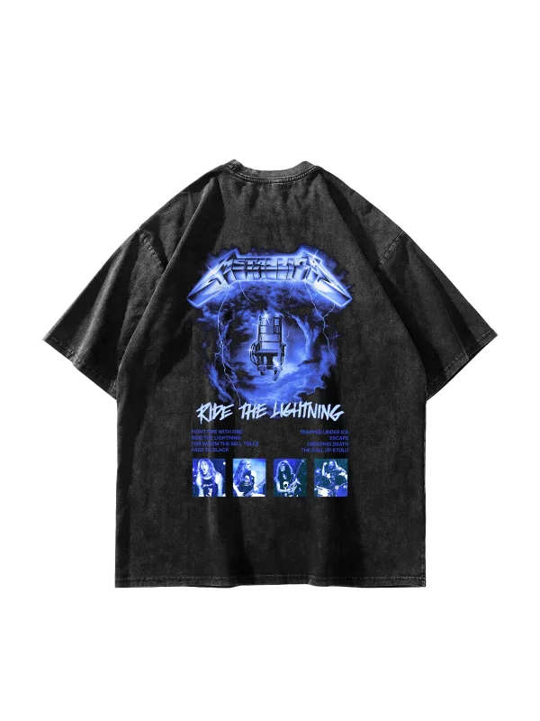 Ride The Lightning Baskılı Oversize Unisex Yıkamalı Siyah Tshirt