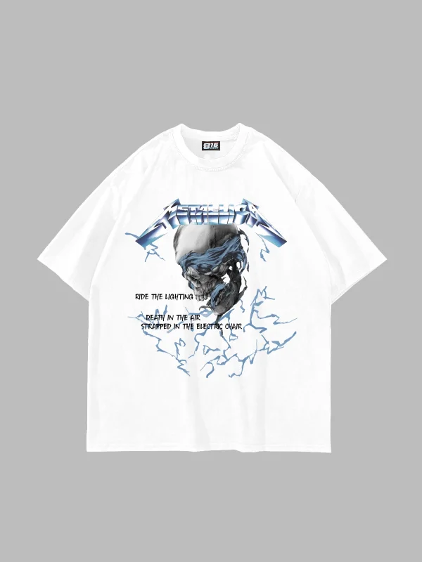 RideTheLighting-Metallica Baskılı Oversize Beyaz Unisex Tshirt