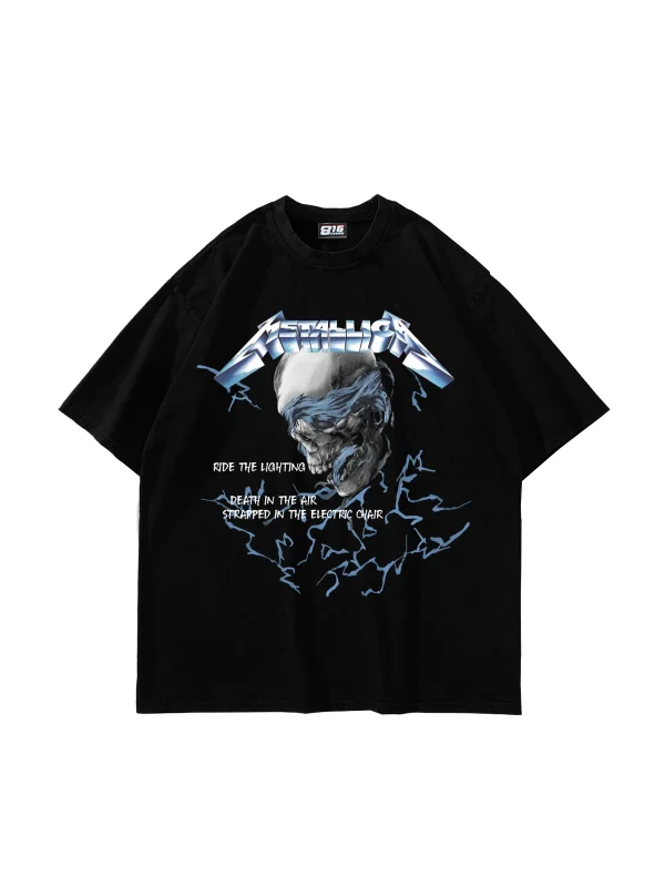 RideTheLighting-Metallica Baskılı Oversize Siyah Unisex Tshirt