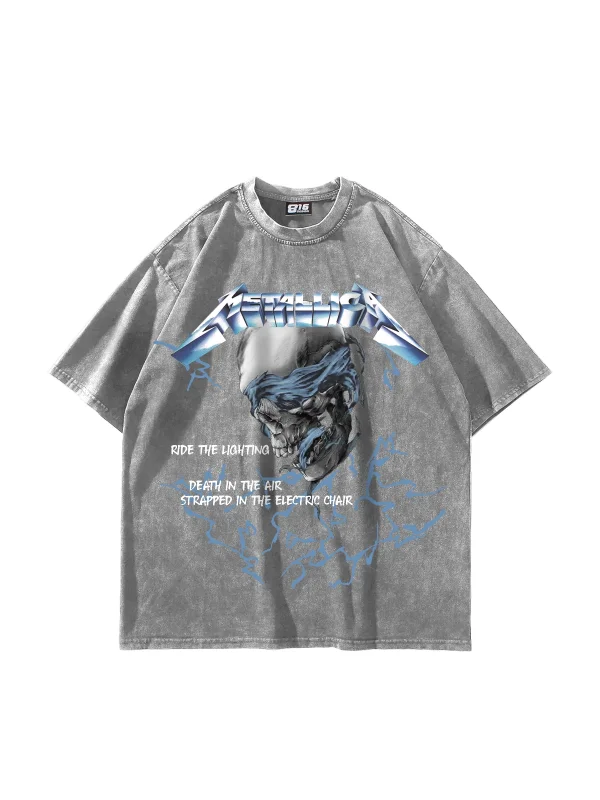 RideTheLighting-Metallica Baskılı Oversize Yıkamalı Beyaz Unisex Tshirt
