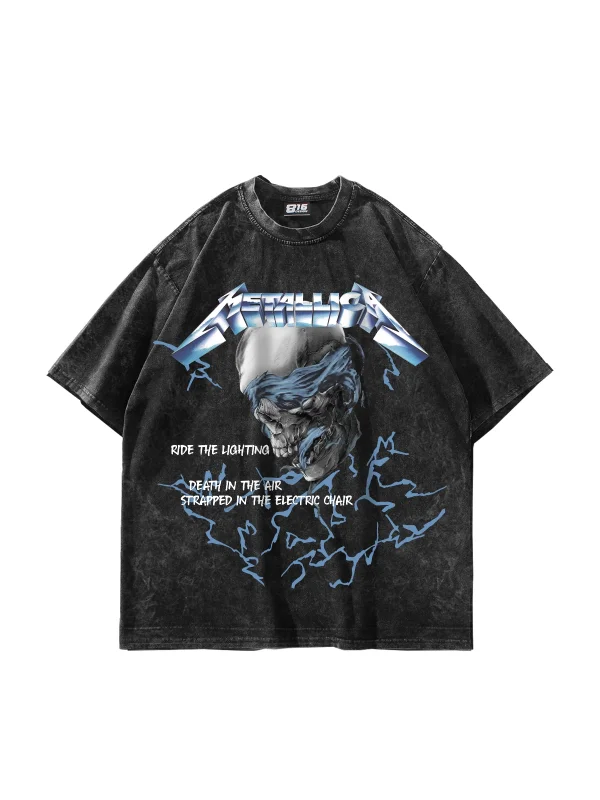 RideTheLighting-Metallica Baskılı Oversize Yıkamalı Siyah Unisex Tshirt
