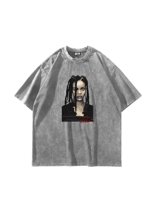 Rihanna Baskılı Oversize Unisex Yıkamalı Beyaz Tshirt