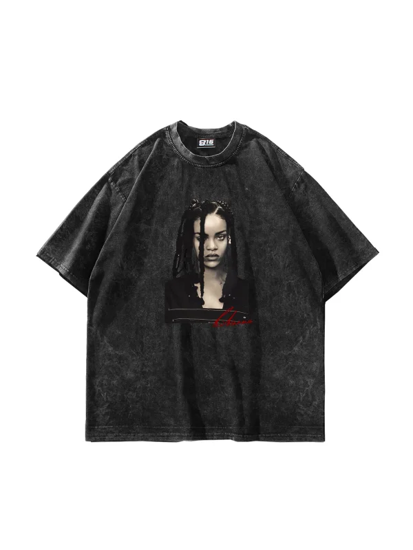 Rihanna Baskılı Oversize Unisex Yıkamalı Siyah Tshirt