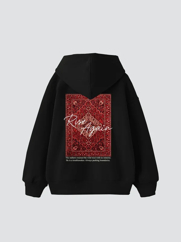 Rise Again Baskılı Oversize Unisex Premium Siyah Hoodie