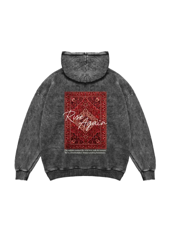 Rise Again Baskılı Oversize Unisex Premium Yıkamalı Siyah Hoodie