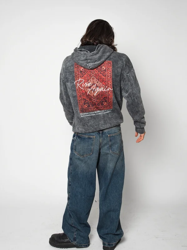 Rise Again Baskılı Oversize Unisex Premium Yıkamalı Siyah Hoodie
