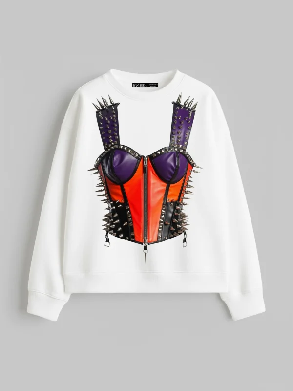 Risk Corset Baskılı Kapüşonsuz Relaxed Fit Kadın Beyaz Sweatshirt