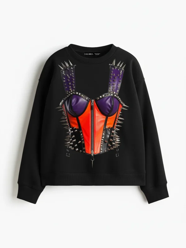 Risk Corset Baskılı Kapüşonsuz Relaxed Fit Kadın Siyah Sweatshirt