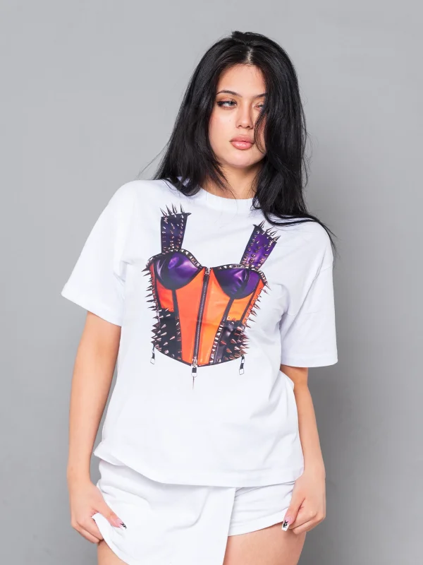 Risk Corset Baskılı Relaxed Fit Beyaz Kadın Tshirt