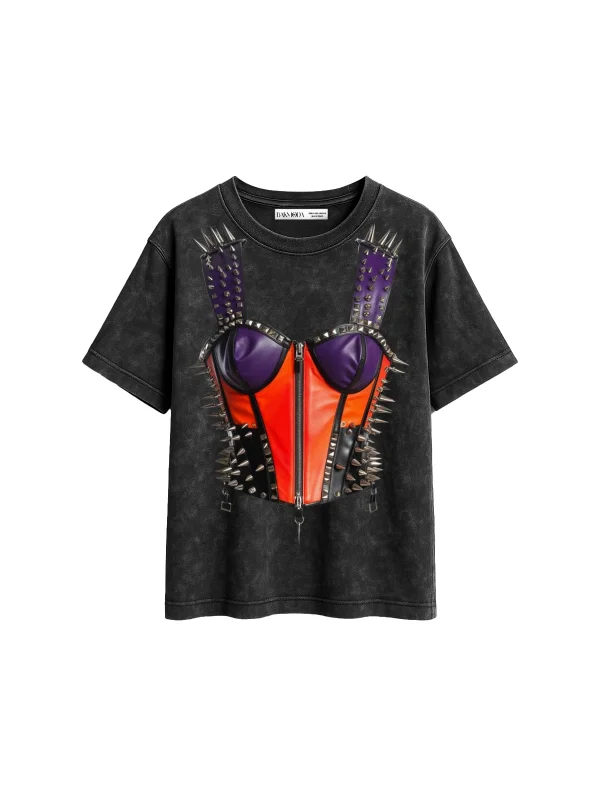 Risk Corset Baskılı Relaxed Fit Yıkamalı Siyah Kadın Tshirt