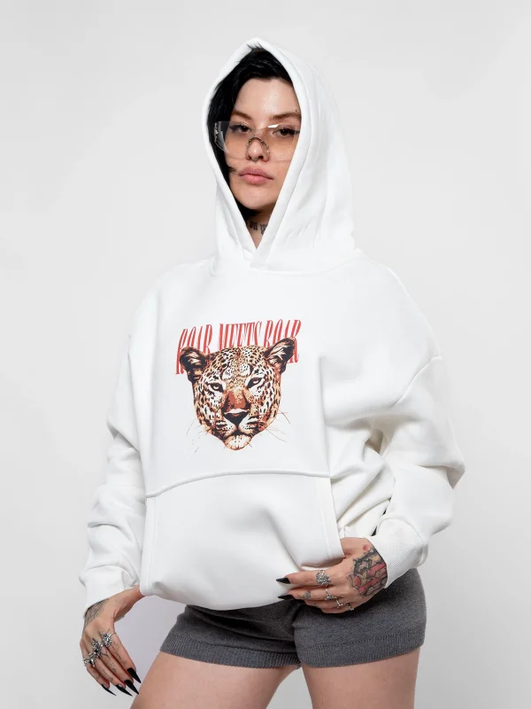 Roar Meets Baskılı Oversize Unisex Beyaz Hoodie