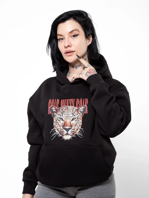 Roar Meets Baskılı Oversize Unisex Siyah Hoodie